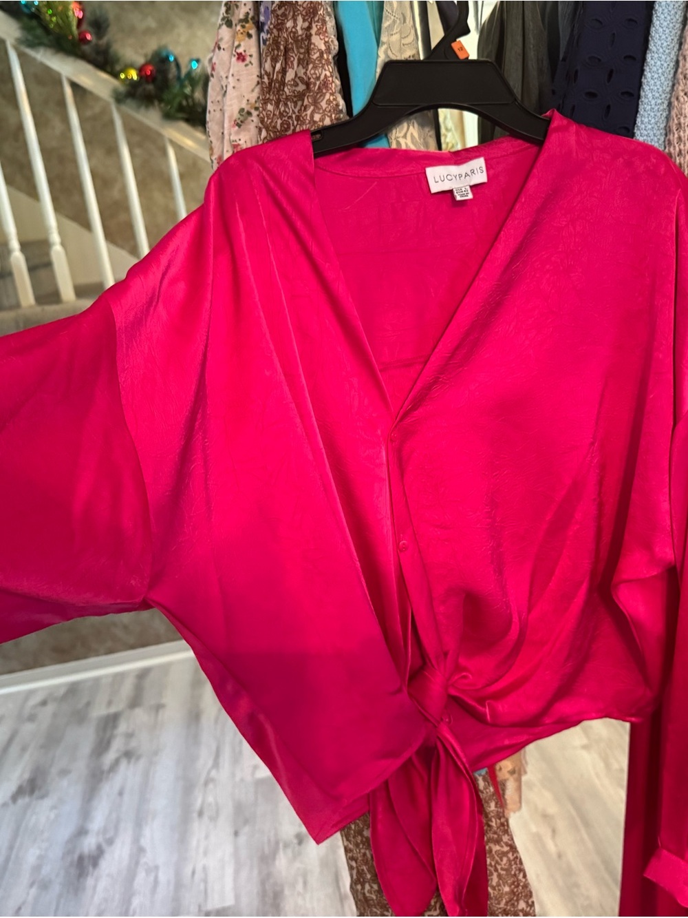 Lucy Paris Hot Pink Tie-Front Satin Blouse